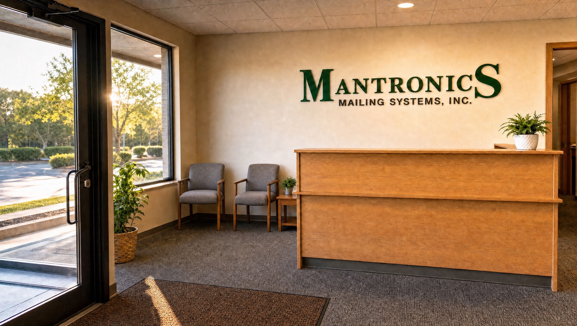 The Mantronics Mailing Systems reception desk and waiting area